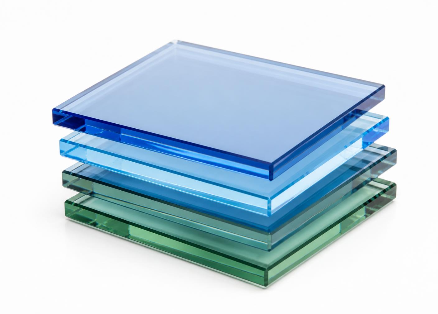 Stacked coated glass samples in blue and green on white