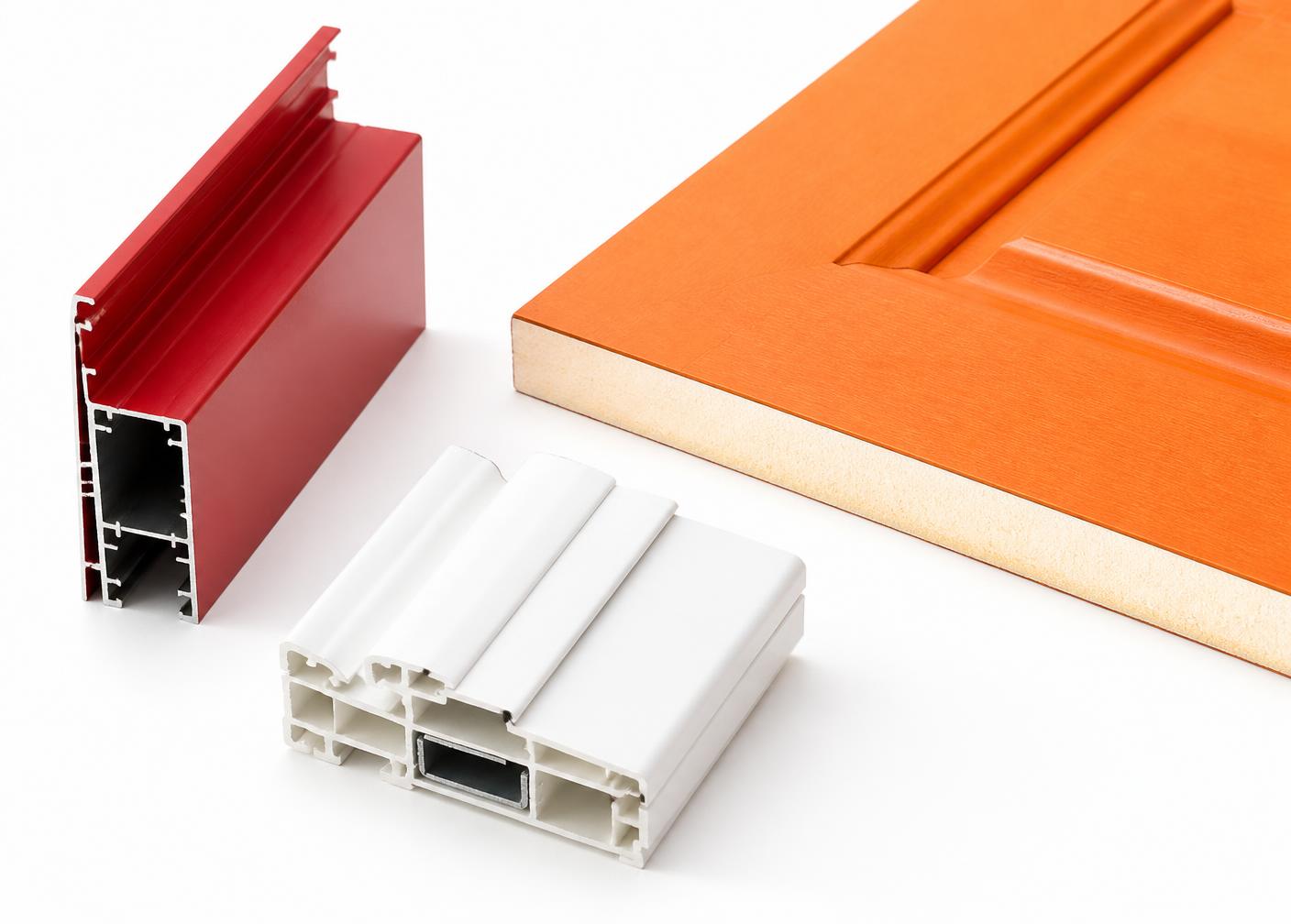 Coated aluminium, composite door and uPVC profile samples on white